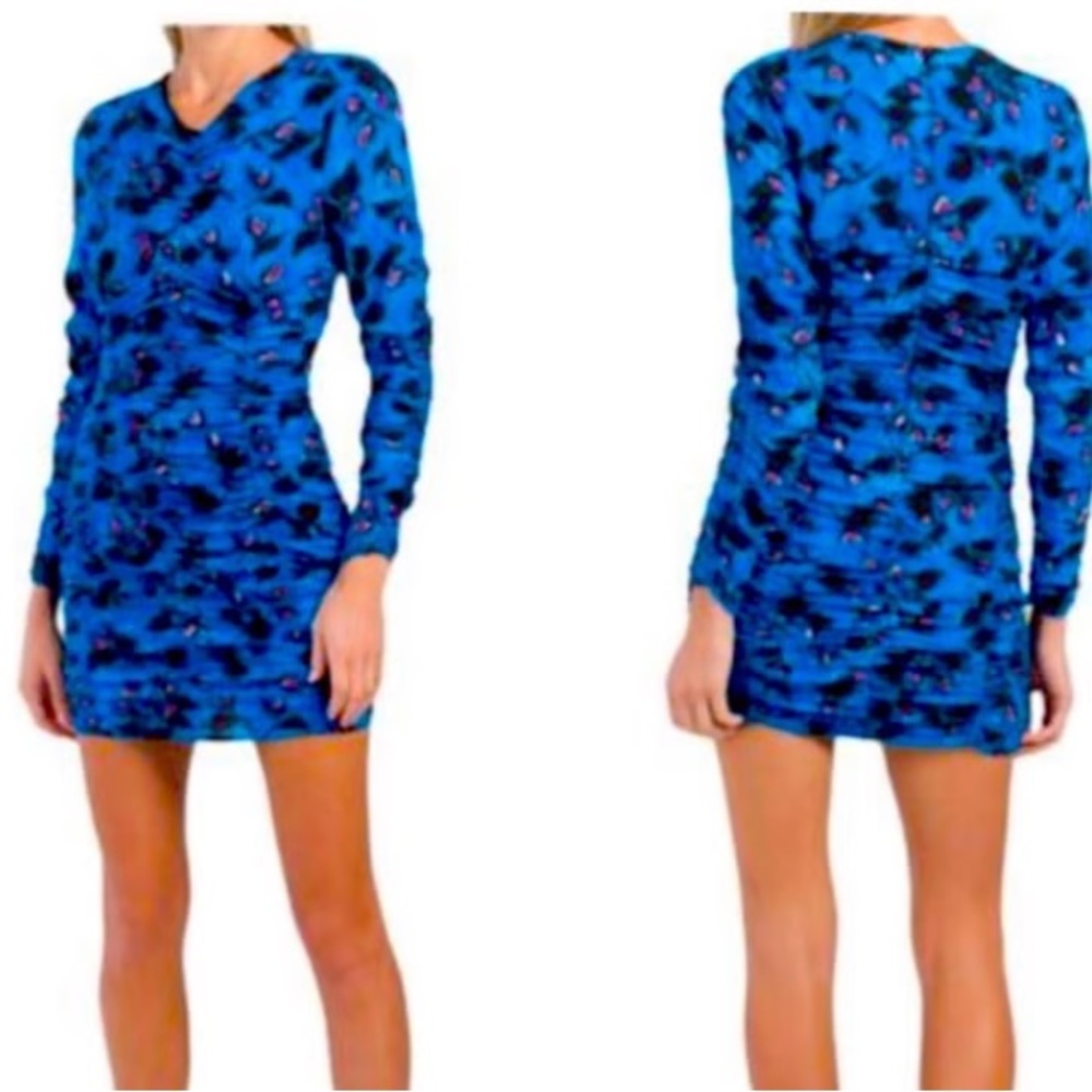 Size S ZARA Draped Blue Floral Ruched Long Sleeve Mini Dress